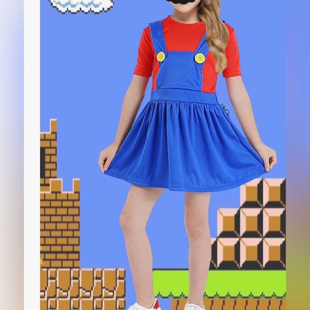 Kids  Mario Blue and Red Costume Dress Fit Girl 5